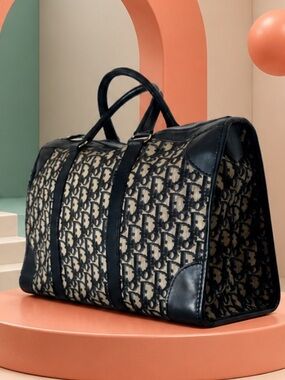 Authentic Dior Black and Beige  Large Boston Handbag.